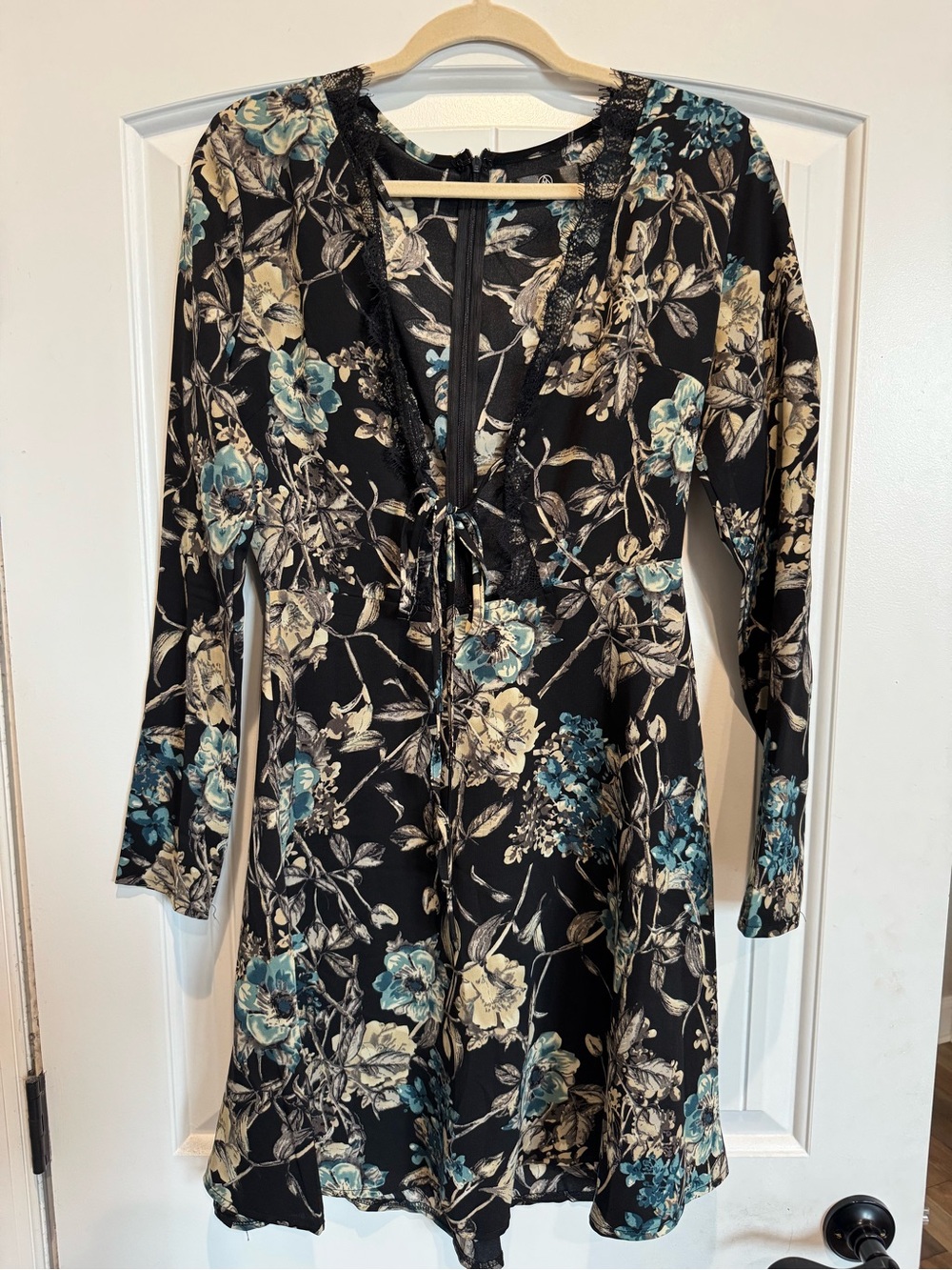 Floral V-Neck Long Sleeve Dress - Black with Blue & Cream Flowers